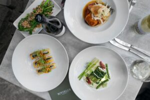 aerial shot of share plates on the dining table